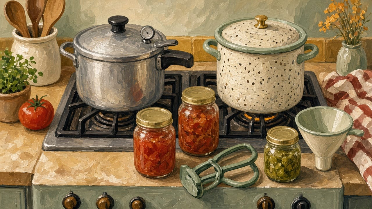 Illustration of a stovetop pressure canner with a dial gauge beside a speckled boiling-water canner, with jars of salsa and pickled peppers, a jar lifter and a funnel in front.