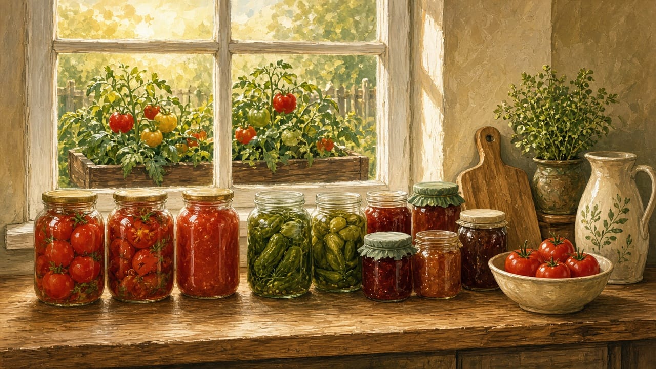 Illustration of jars of canned tomatoes, pickles and preserves on a sunlit wooden windowsill, with tomato plants growing in a box outside the window.