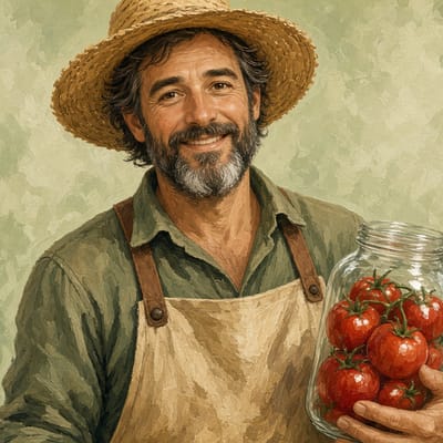 Illustration of Wes Alder, a smiling bearded man in a straw hat and canvas apron, holding a glass jar of fresh tomatoes.